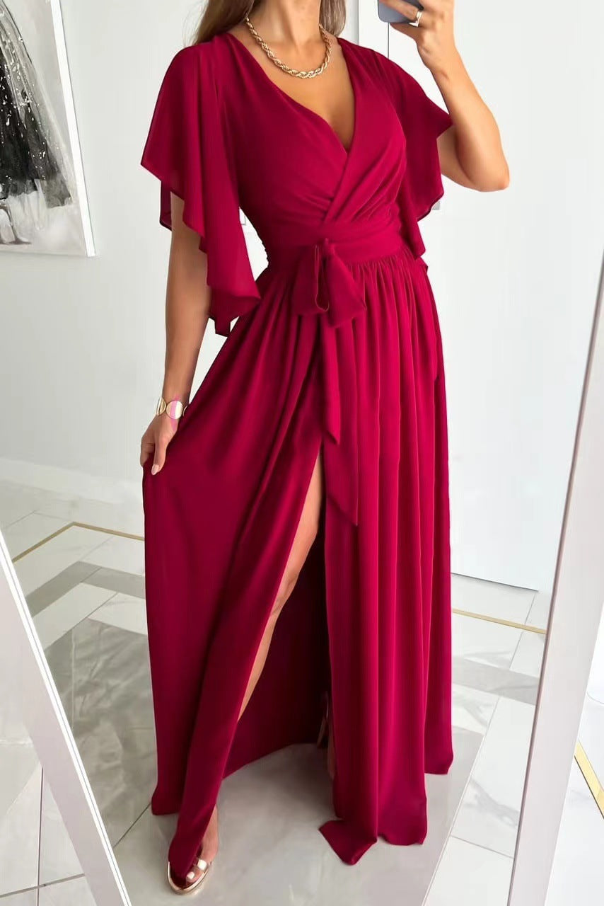 Solid Color Bell Sleeve Loose V-neck Mop Dress - Fashionner