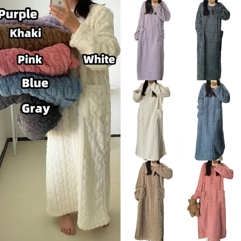 Robe de nuit longue en polaire corail pour femme, pyjama avec poches, robe jacquard épaissie, vêtements de maison chauds