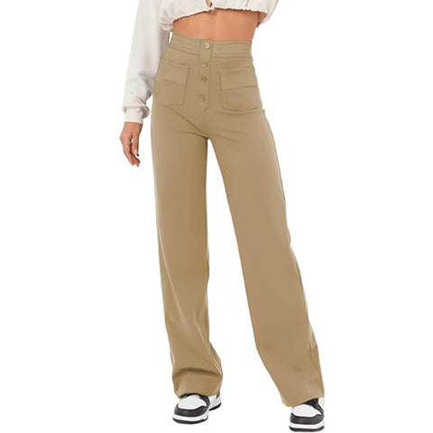 Women's Clothing High Waist Pocket Wide Leg Button Casual Loose Straight Trousers - Fashionner