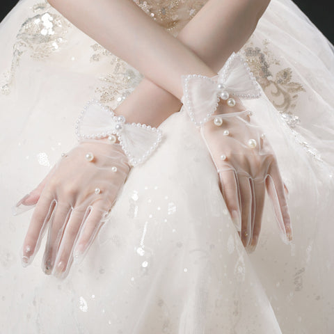 Gants de Mariée Gants de Mariage Faits à la Main Perle Blanche avec Nœud