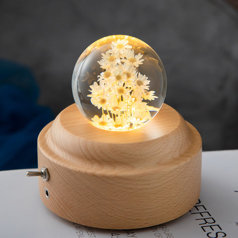 Veilleuse LED Fleur Boule de Cristal Lampe de Nuit pour Enfants avec Base en Bois Lumière Ambiante de Chambre Cadeau Créatif Veilleuse