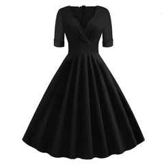 Green Solid Rockabilly S Vintage Ruched V Neck Party Dresses - Fashionner