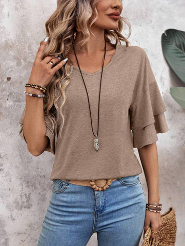 T-shirt ample à col en V et manches volantées, couleur unie, haut mi-manches, vêtements pour femmes