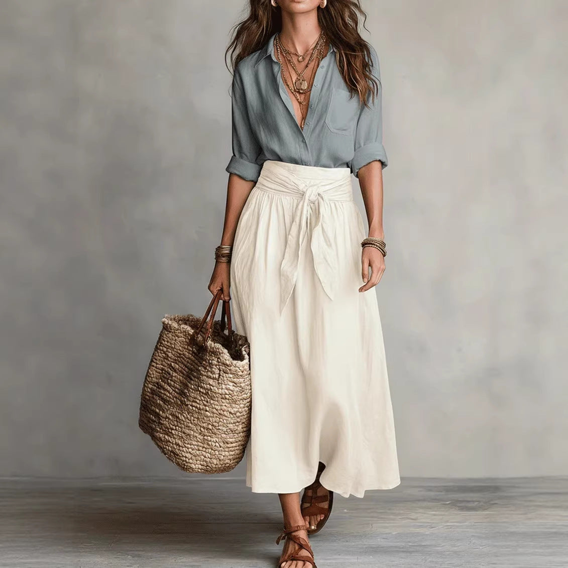 Buy Summer Short-sleeve Suits Fashion Casual Button-down Shirt Top And Straight Skirt Women's Two-piece Set online at Fashionner.