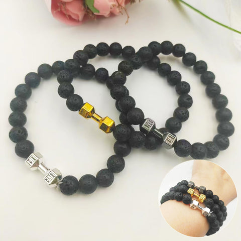 Bracelet d'haltères tendance en alliage de métal, perles de roche de lave et bijoux pour hommes