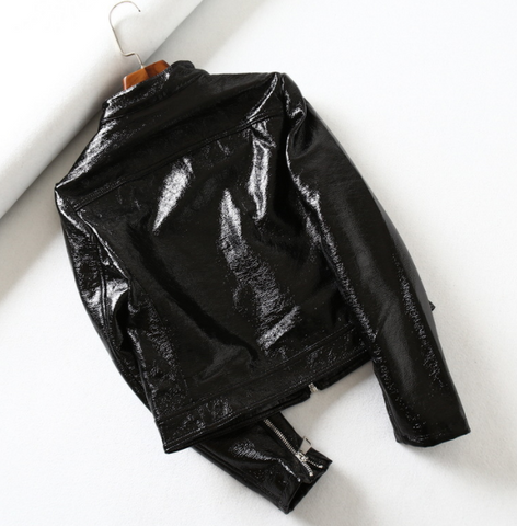 Black Bright Leather PU Short Motorcycle Leather Jacket Women's Jacket - Fashionner