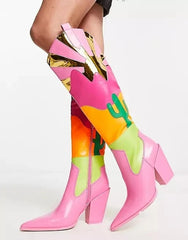 Ins Fashion Runway Chunky Heel Multi-color Mosaic Boots - Fashionner