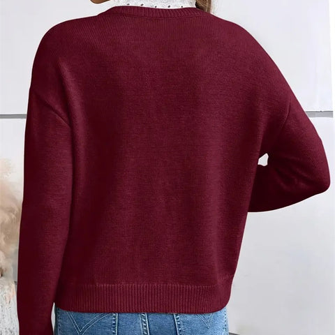 Elegant Casual V-neck Lace Commuting Thick Warm Sweater For Women Pullover Fashionable Solid Color Loose Sweater