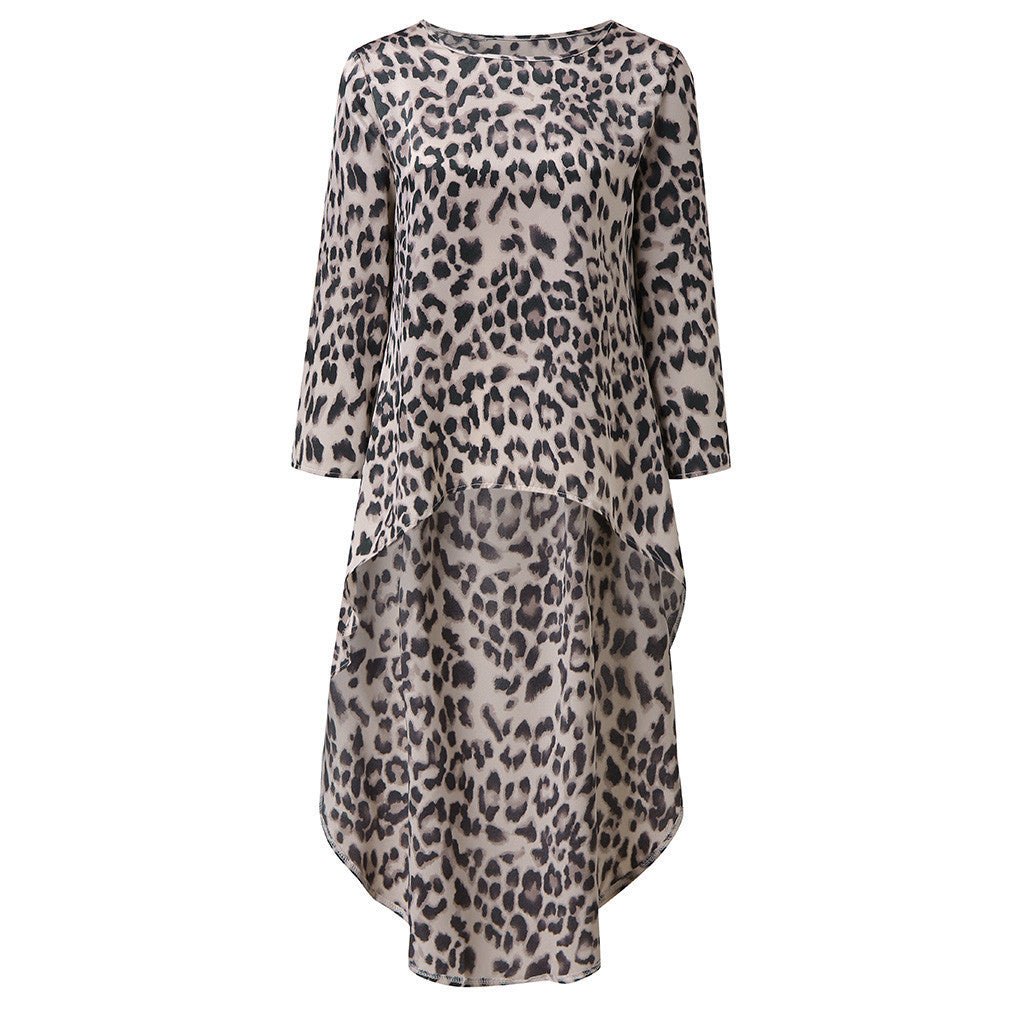 Leopard Print Long Sleeve Irregular Dress Women's Clothing - Fashionner