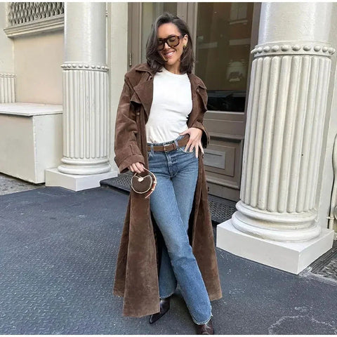 Manteau long à revers croisés avec ceinture, en suède, style vintage, vêtements d'extérieur d'hiver pour femmes