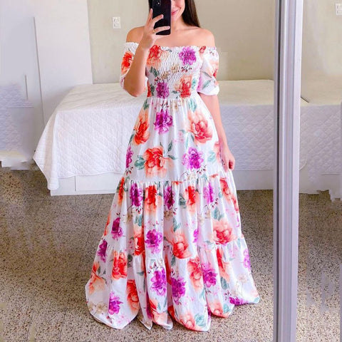 Robe longue florale élégante sans épaules pour femme