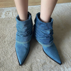 Thickened And Fashionable Pleated Denim Short Boots For Women - Fashionner