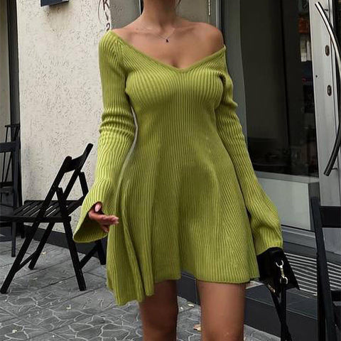Robe courte moulante à col en V et manches longues, tricotée, avec volants, coupe trapèze, style Y2K, vêtements pour femmes.