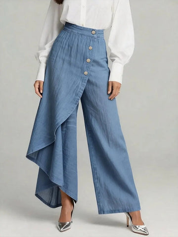 Pantalon coupe droite unique Boutons à grands volants pour femme, en faux jean
