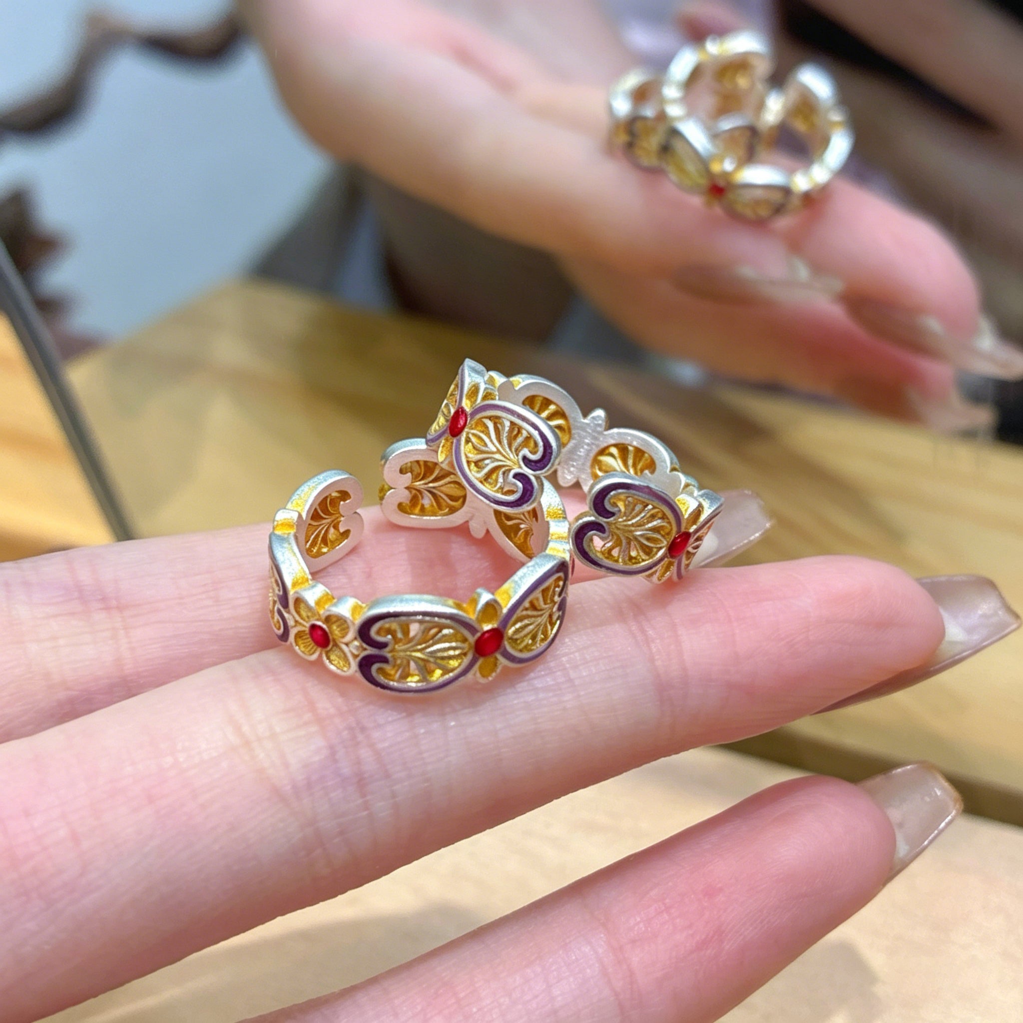 Buy 1Pcs 999.9 Sterling Silver Filigree Enamel Ruyi Ring, Traditional Chinese Style, Perfect For Special Occasions & Collectors online at Fashionner.