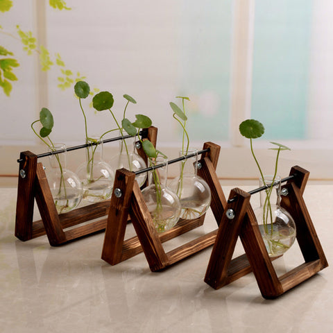 Support en bois pivotant Vase en verre pour plantes hydroponiques