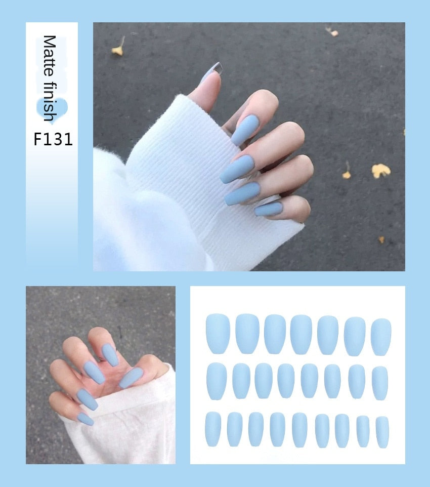 Nail Art Fake Nails Stiletto Tips Clear Press on Long False with Glue Coffin Stick Display Full Cover Artificial Designs Matte - Fashionner