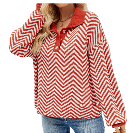 Fashionable striped knit sweater for women with long sleeved color matching lapel sweater for women - Fashionner