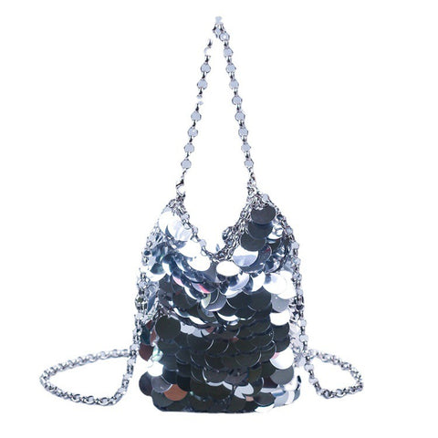 Sac à main en sequins écailles de poisson en métal tissé à la main, pochette de soirée pour téléphone portable, sac à bandoulière pour femme