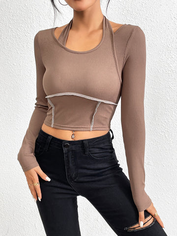 Slim fit knitted long sleeved sewing thread exposed hanging neck T-shirt fashion top - Fashionner