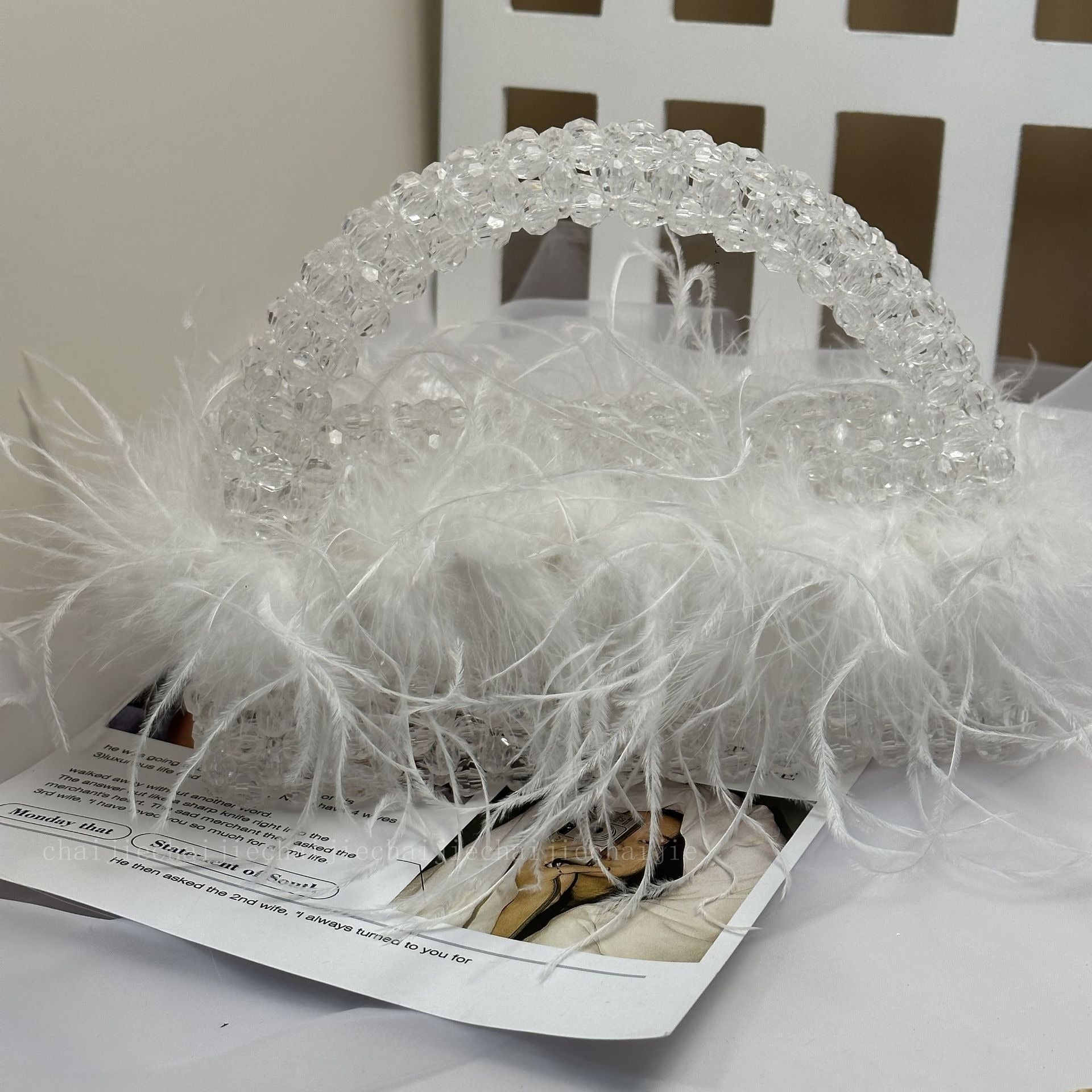 With Ostrich Hair Pearls Beaded Bag Clear Acrylic Crystal Stone Box Handbag Women's Handmade Party Purse