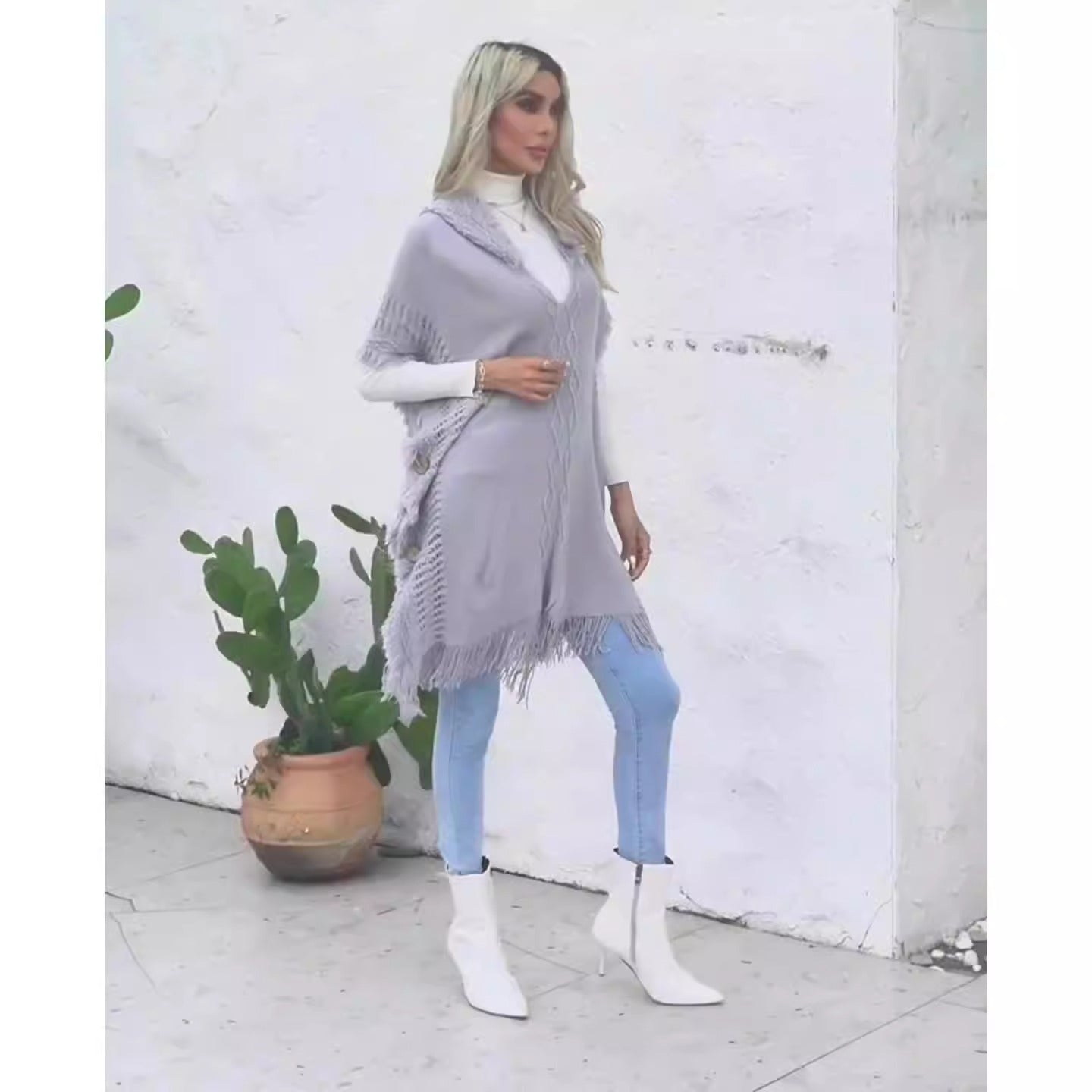 Women's casual loose V-necktie hat pullover medium length sweater vest cape top jacket - Fashionner