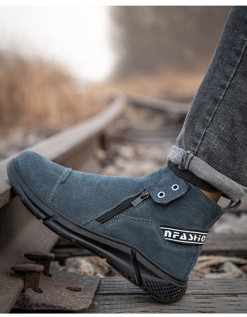 Fall Winter High-Top Men's Non-Slip Wear-Resistant Cowhide Work Shoes Anti-Smash And Anti-Piercing Safety Shoes For Welders - Fashionner