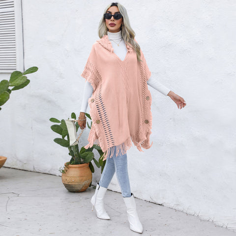 Women's casual loose V-necktie hat pullover medium length sweater vest cape top jacket - Fashionner