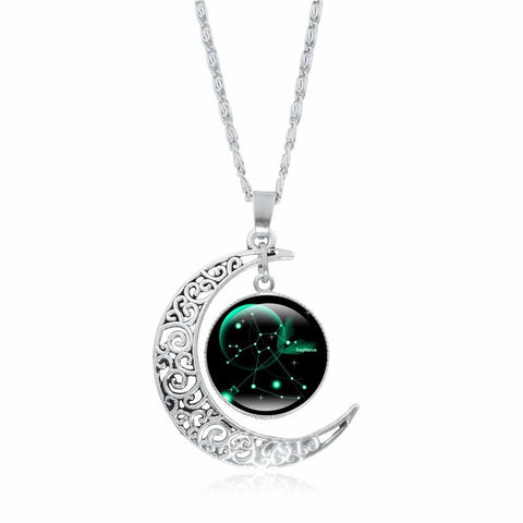 Zodiac Time Gem Luminous Necklace For Women, Simple Silver Moon Pendant Choker