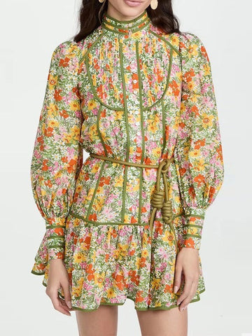 Robe chemise florale rétro pour femmes, col montant, manches bouffantes, jupe courte, style vacances