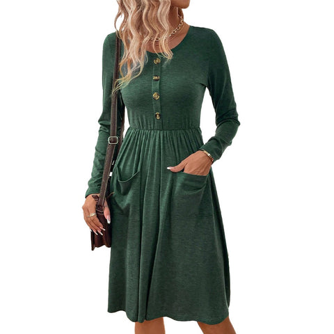 Waist collection round neck A-line skirt button pocket knitted long sleeved dress - Fashionner