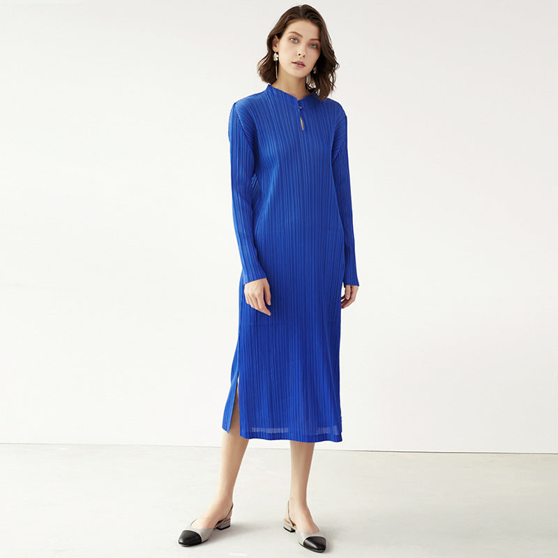 Spring Miyake Fashion Slim Fit Temperament Mid-Length Cheongsam Solid Color Stand Collar Pocket Dress Women