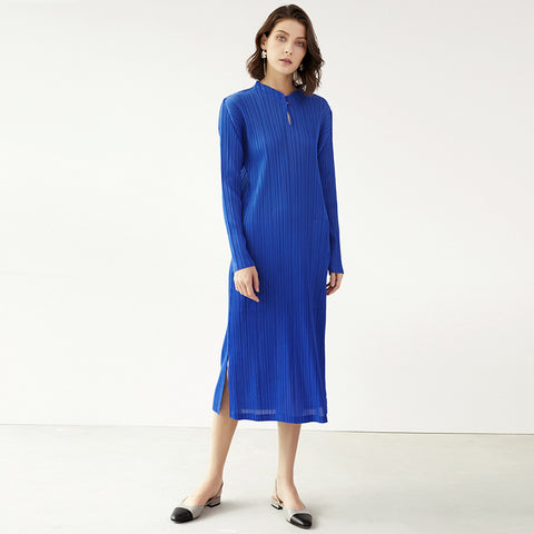 Spring Miyake Fashion Slim Fit Temperament Mid-Length Cheongsam Solid Color Stand Collar Pocket Dress Women