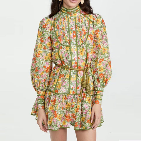 Robe chemise florale rétro pour femmes, col montant, manches bouffantes, jupe courte, style vacances