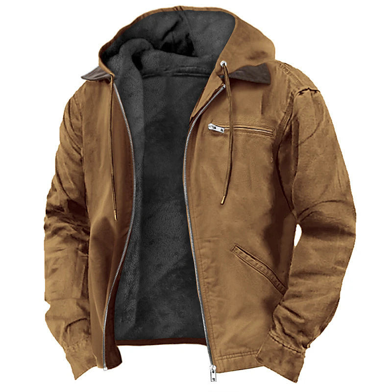 Buy Casual Solid Color Hooded Cotton Jacket With Fleece Lining And Zipper Pockets For Men online at Fashionner