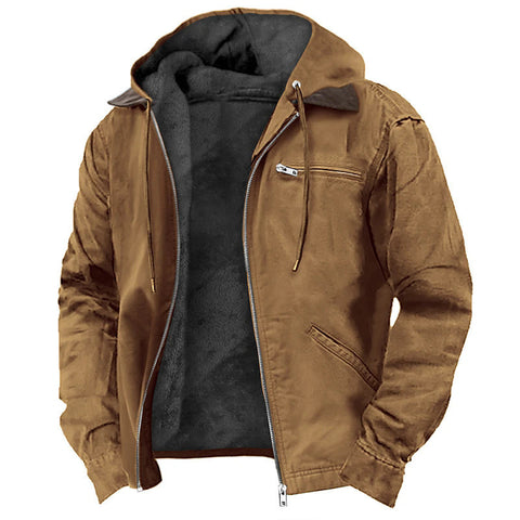Buy Casual Solid Color Hooded Cotton Jacket With Fleece Lining And Zipper Pockets For Men online at Fashionner