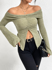 One line neckline split flared sleeve long sleeved knitted T-shirt top - Fashionner