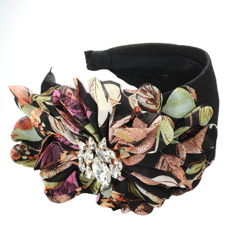 Diamond inlaid fabric flower toothed anti slip exaggerated headband - Fashionner