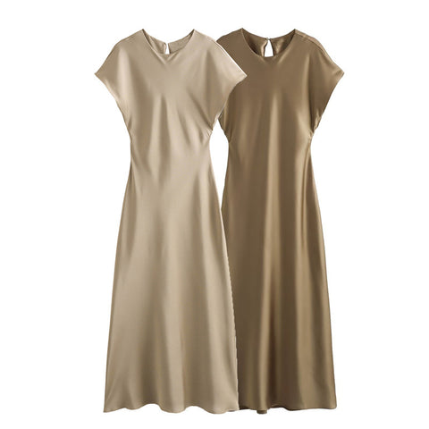 Satin Party Evening Women Midi Dress Elegant Keyhole Back A-Line Robe Sleeveless Female Long Dresses - Fashionner
