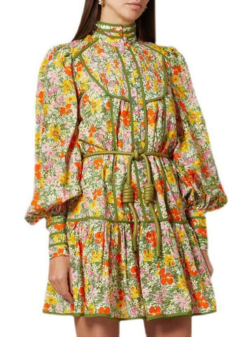Robe chemise florale rétro pour femmes, col montant, manches bouffantes, jupe courte, style vacances