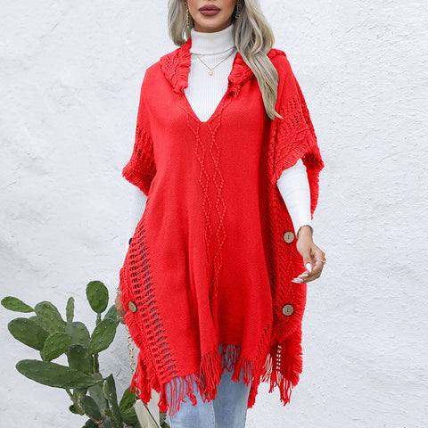 Women's casual loose V-necktie hat pullover medium length sweater vest cape top jacket - Fashionner