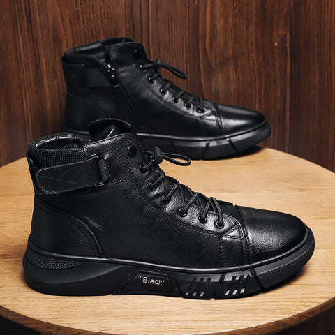 Men's shoes new autumn and winter leather plush Martin boots casual men's running high rise sports shoes - Fashionner