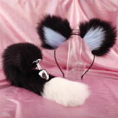 40cm black tailed white pointed bicolor fun plush hair clip with ear role-playing metal anal plug expansion