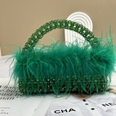 Avec Ostrich Hair Perles Sac Perles Transparent Acrylique Cristal Pierre Boîte Sac à Main Femme Fait à la Main Fête Bourse