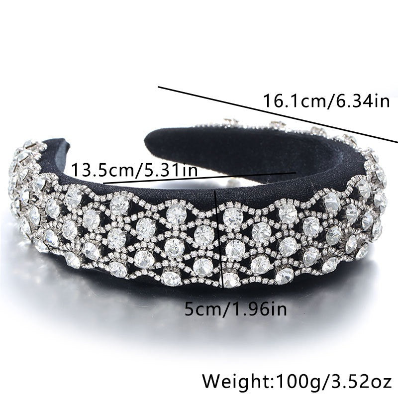 Fashionable full set rhinestone wide edge solid color sponge head hoop - Fashionner