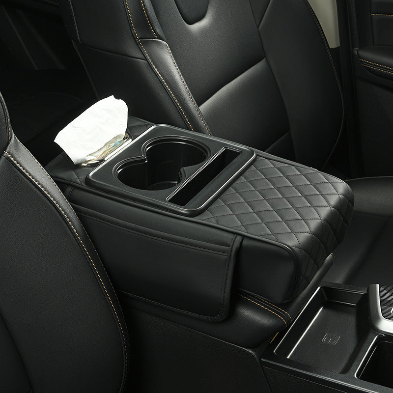 Car Armrest Pad Multi-Functional Cup Holder Car Tissue Box Automotive Interior Leather Armrest Riser Pad