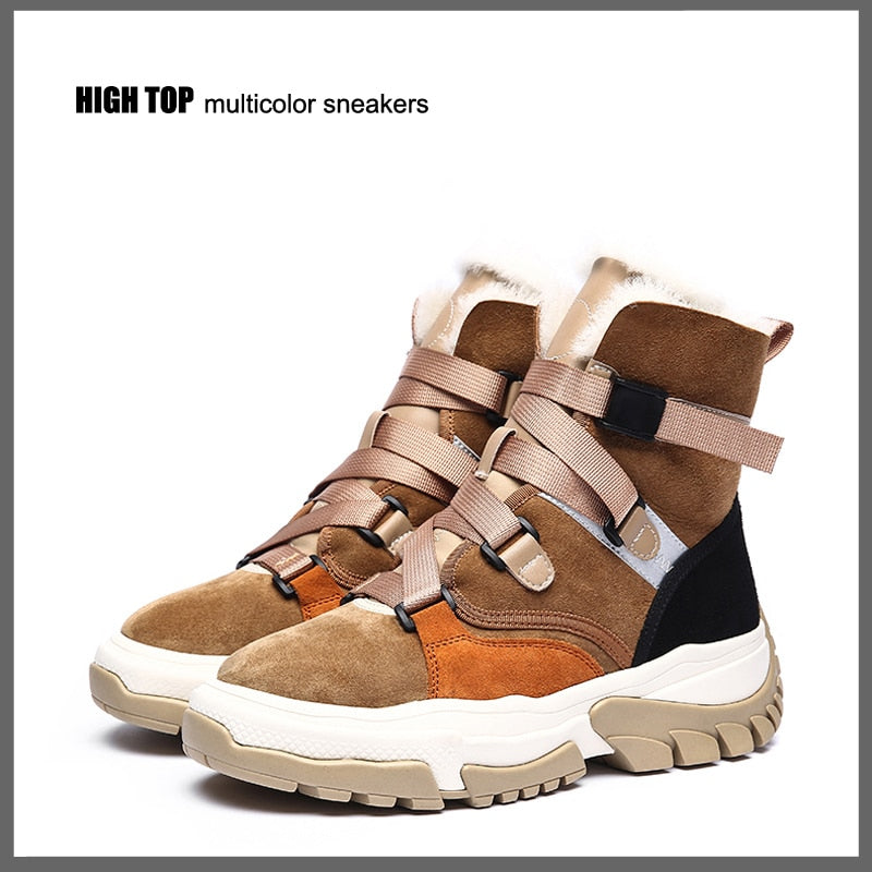 New High Top Multi Color Motorcycle Ankle Sneakers Suede Leather Casual Shoe Platform Wedge Comfortable Luxury Women Winter Boot - Fashionner