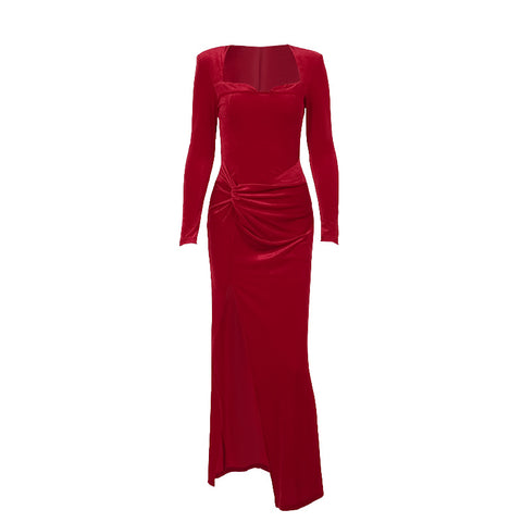 Elegant long sleeved velvet slit dress for women