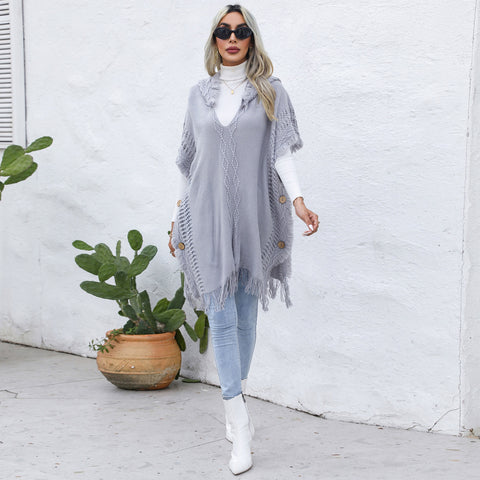 Women's casual loose V-necktie hat pullover medium length sweater vest cape top jacket - Fashionner
