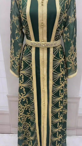 Muslim robe women's embroidered long cardigan two-piece set temperament dress - Fashionner